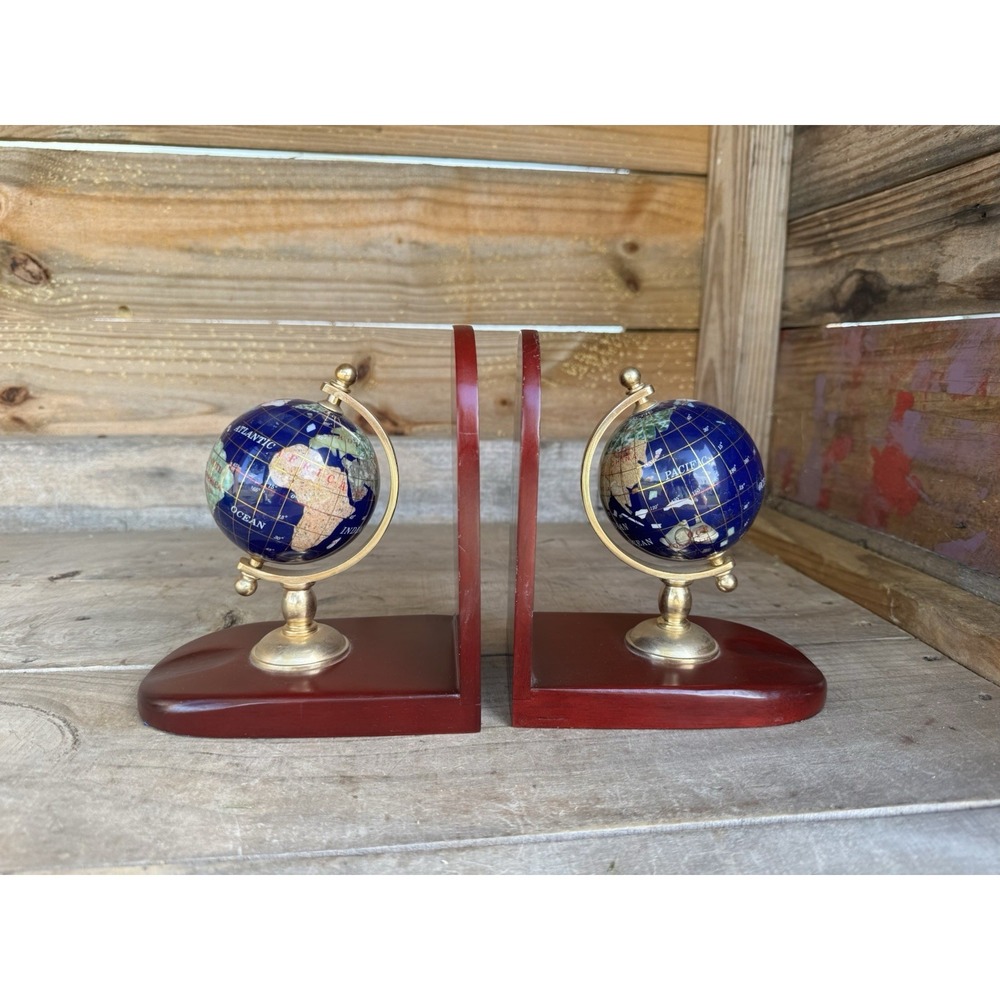 Vintage Gemstone World‎ Globe Bookends, Brass meridian on Wood base